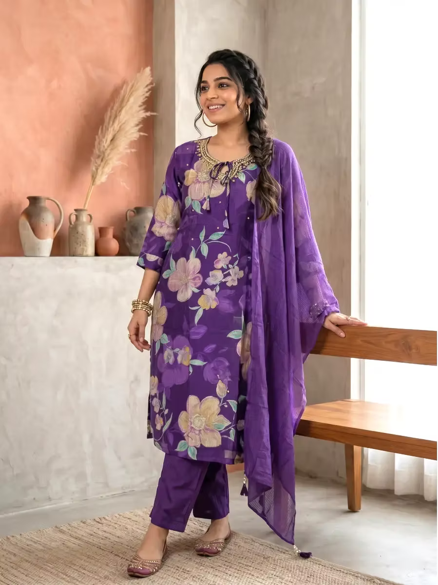 Purple Floral Chandheri Kurta Set with Dupatta