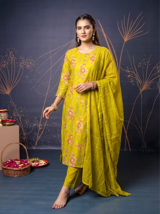 Women’s Olive Floral Straight Kurta Set with Dupatta