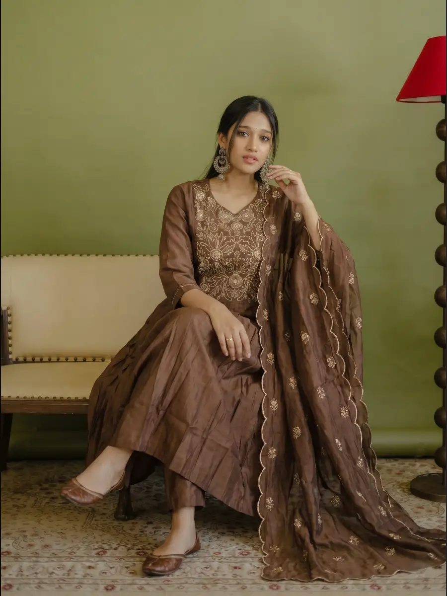 Chic Coffee Brown Cotton Blend Anarkali 3-Piece Kurti Set with Ornate Embroidery