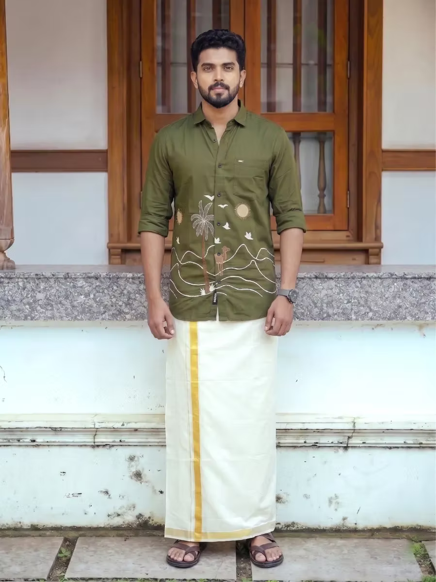 Olive Green Embroidered Scenic Shirt and Kasavu Mundu Dhoti Combo