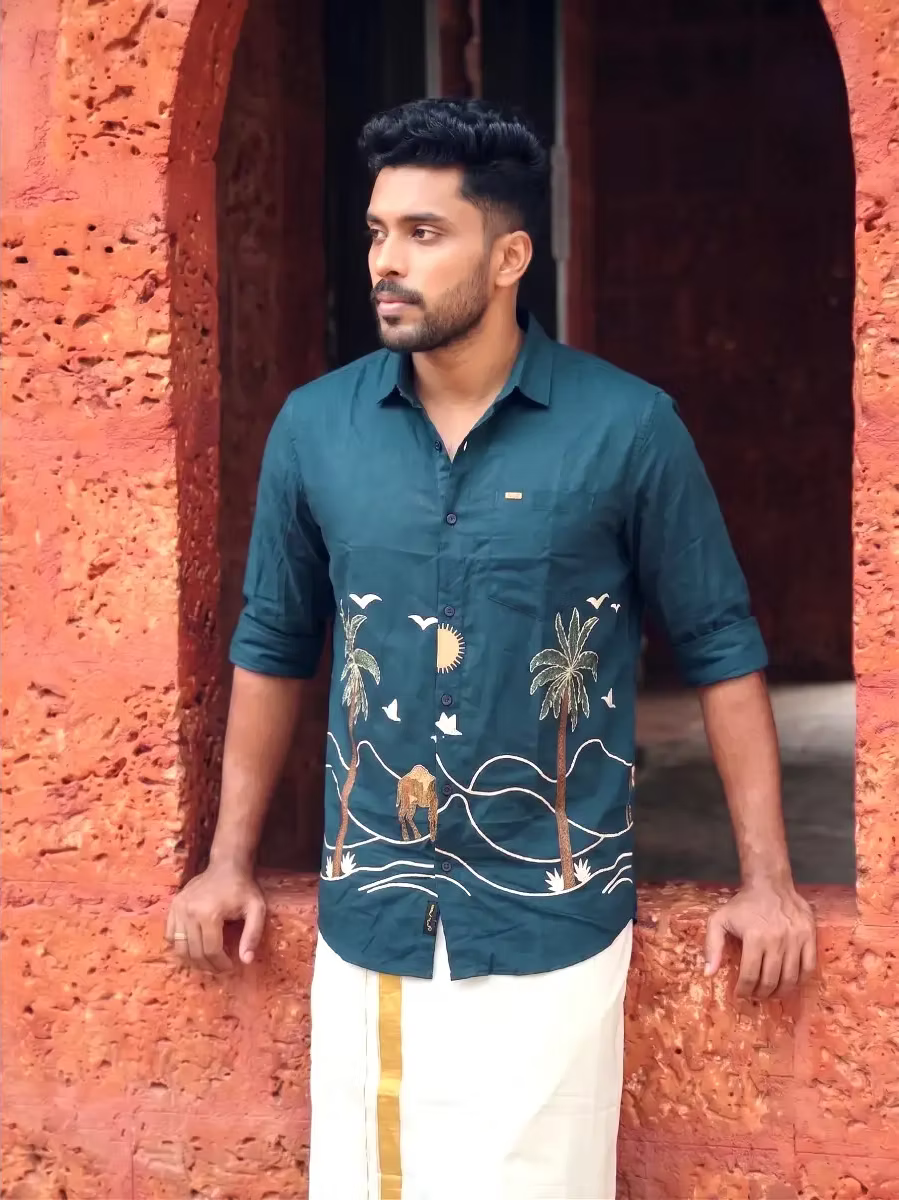 Midnight Teal Oasis Embroidered Shirt and Kasavu Mundu Combo