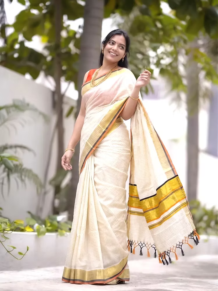 Micro Checks Cotton Kasavu Saree with Black & Orange Border