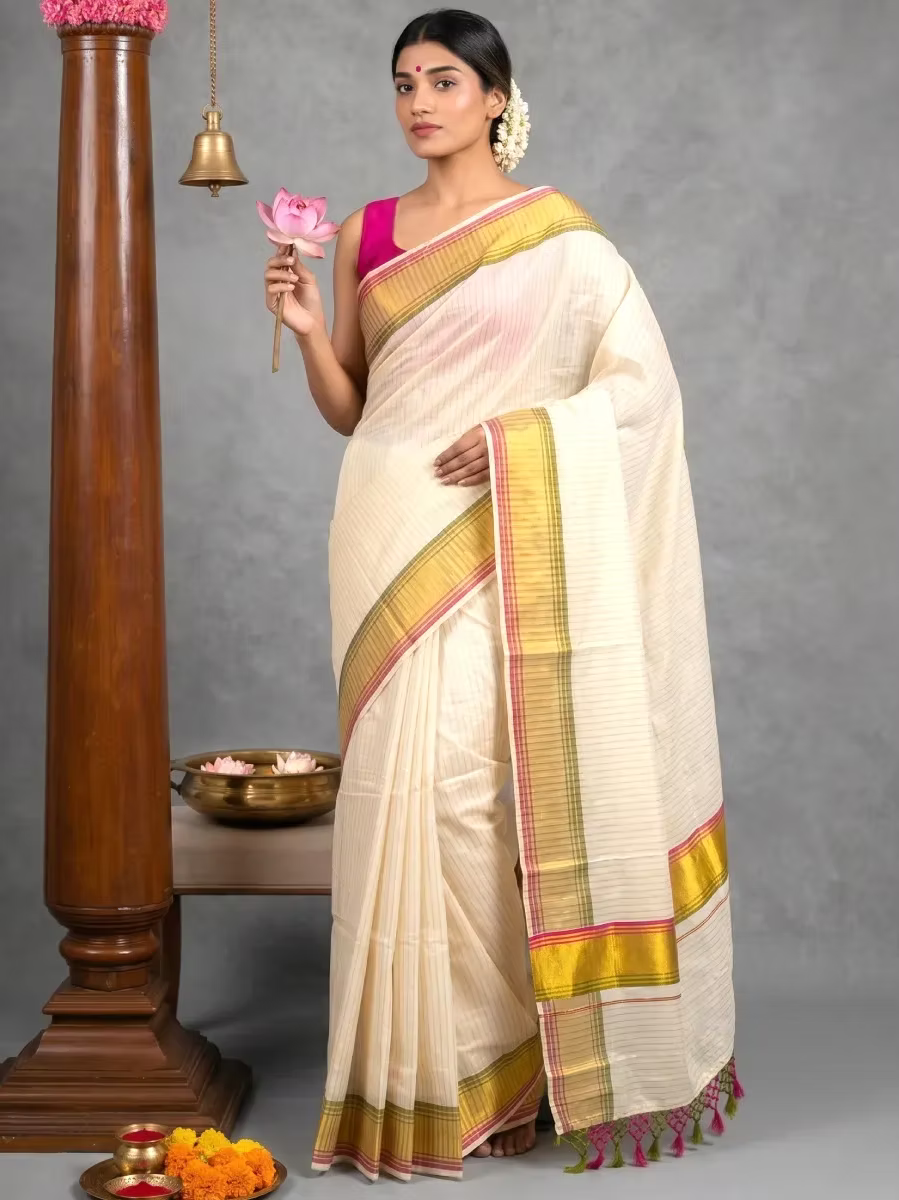 Traditional Pea Green & Pink Stripe Kasavu Saree With Gold Zari Border