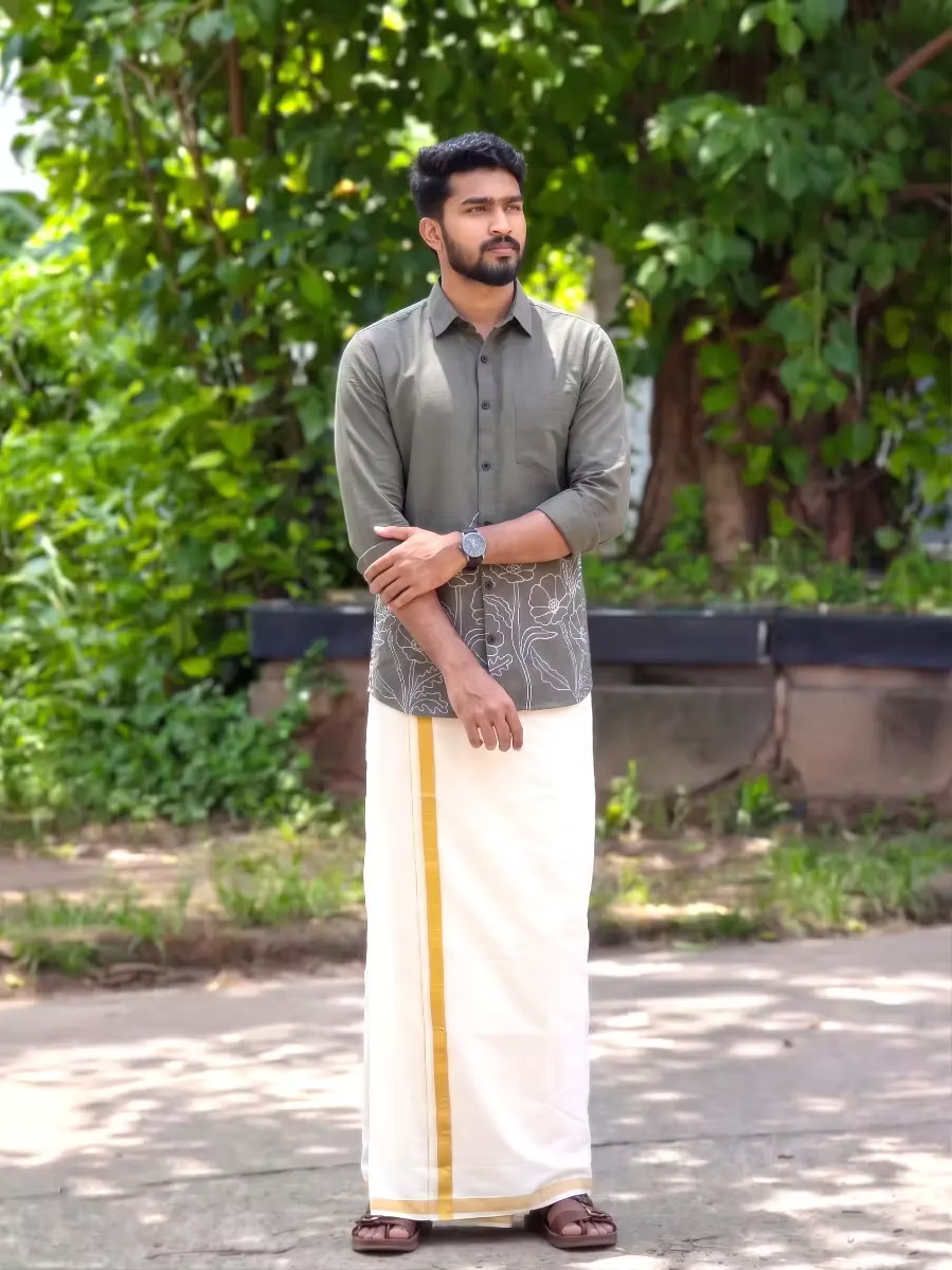 Olive Grey Grove Outline Cotton Shirt and Kasavu Mundu Dhoti Combo