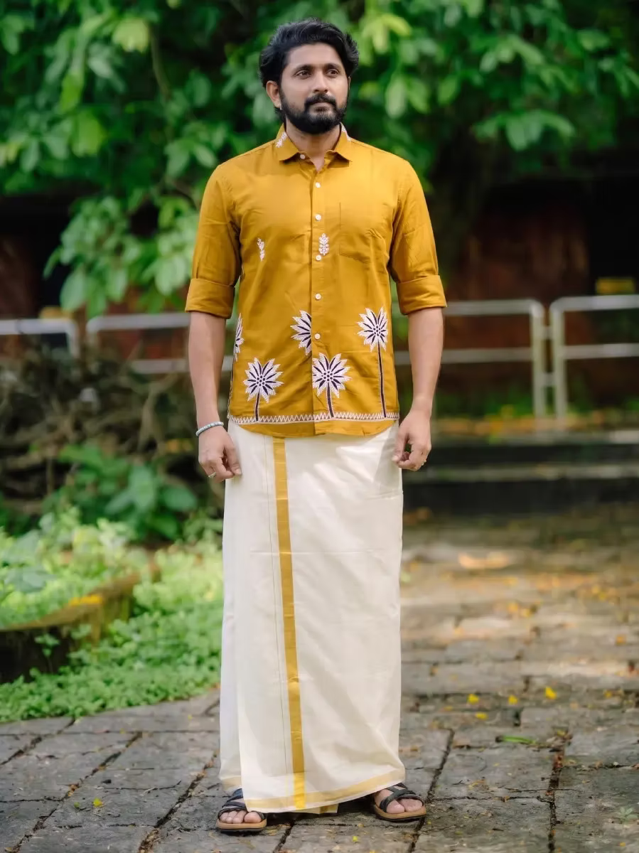 Golden Brown Embroidered Palm Motif Shirt & Kasavu Mundu Dhoti Combo