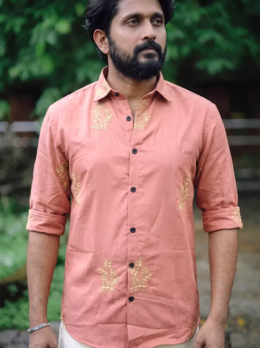 Dusty Rose Botanical Embroidered Cotton Shirt and Kasavu Mundu Dhoti Combo