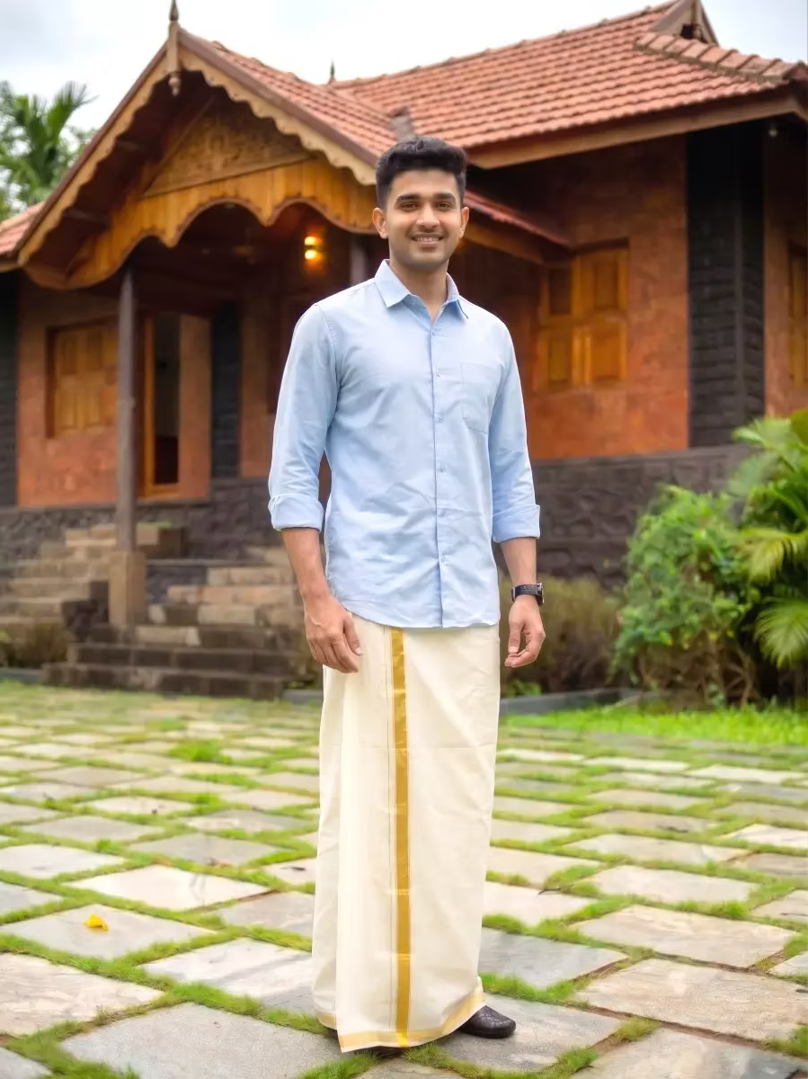 Sky Blue Shirt and Kasavu Mundu Dhoti Combo Set