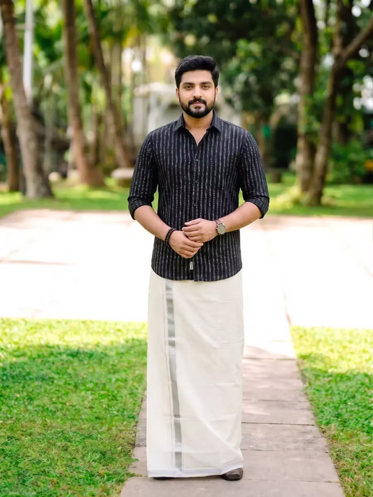 Black & Silver Flecha Cotton Shirt and Silver Kasavu Mundu Dhoti Combo