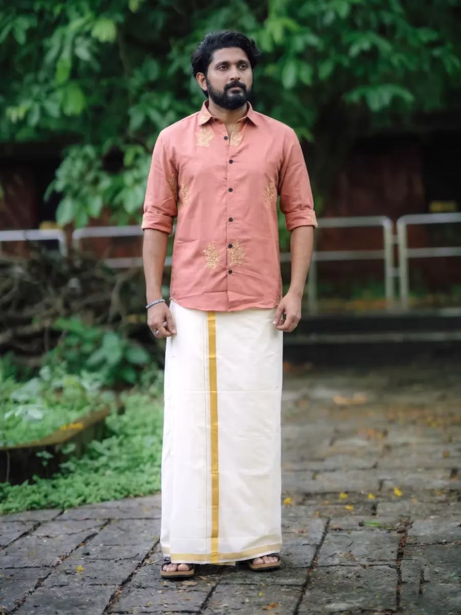 Dusty Rose Botanical Embroidered Cotton Shirt and Kasavu Mundu Dhoti Combo