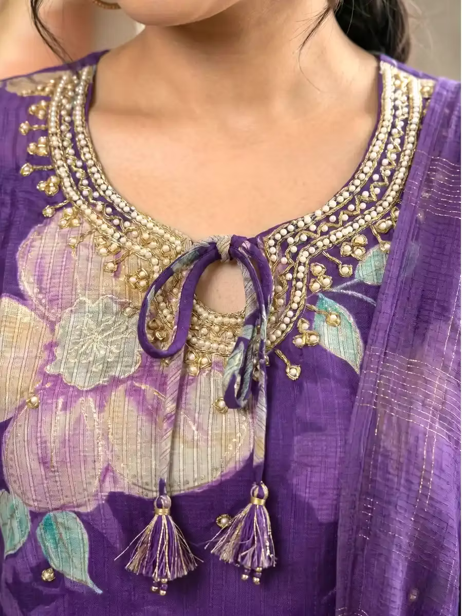 Purple Floral Chandheri Kurta Set with Dupatta