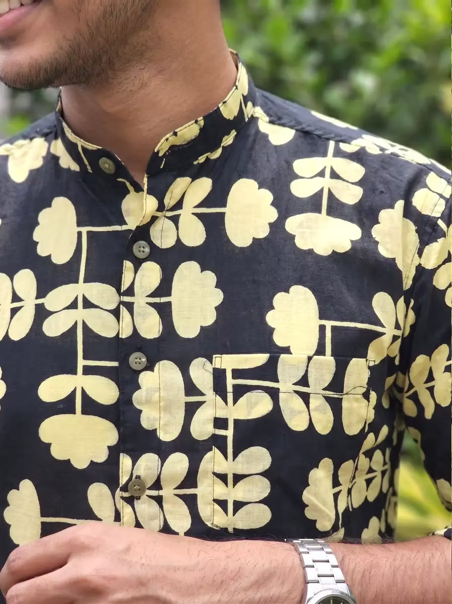 Black & Pastel Yellow Botanical Vine Ajrakh Shirt and Kasavu Mundu Dhoti Combo