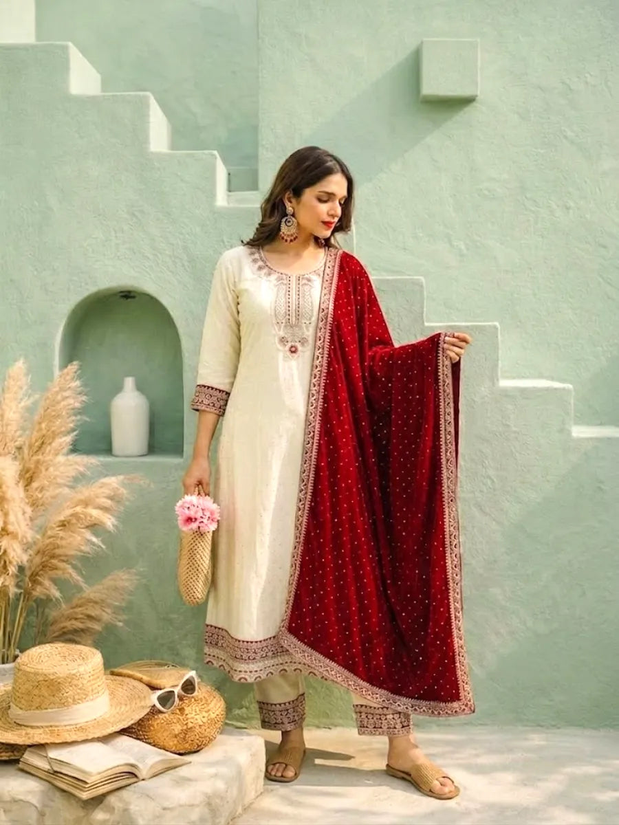 Pearl White Floral Embroidered Anarkali Kurta Set with Ruby Red Dupatta