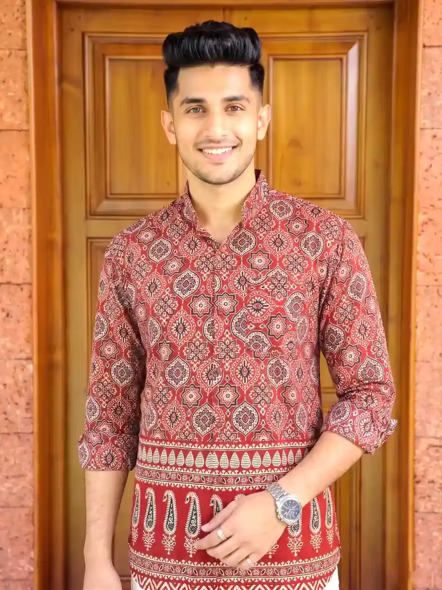 Maroon & Black Mango Ajrakh Shirt and Kasavu Mundu Dhoti Combo Set
