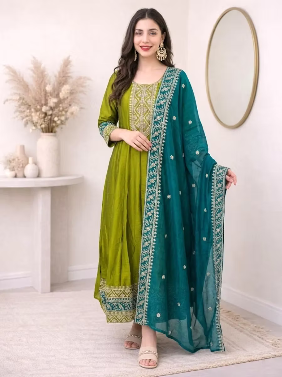 Olive Green Embroidered Anarkali Kurta Set with Teal Blue Dupatta