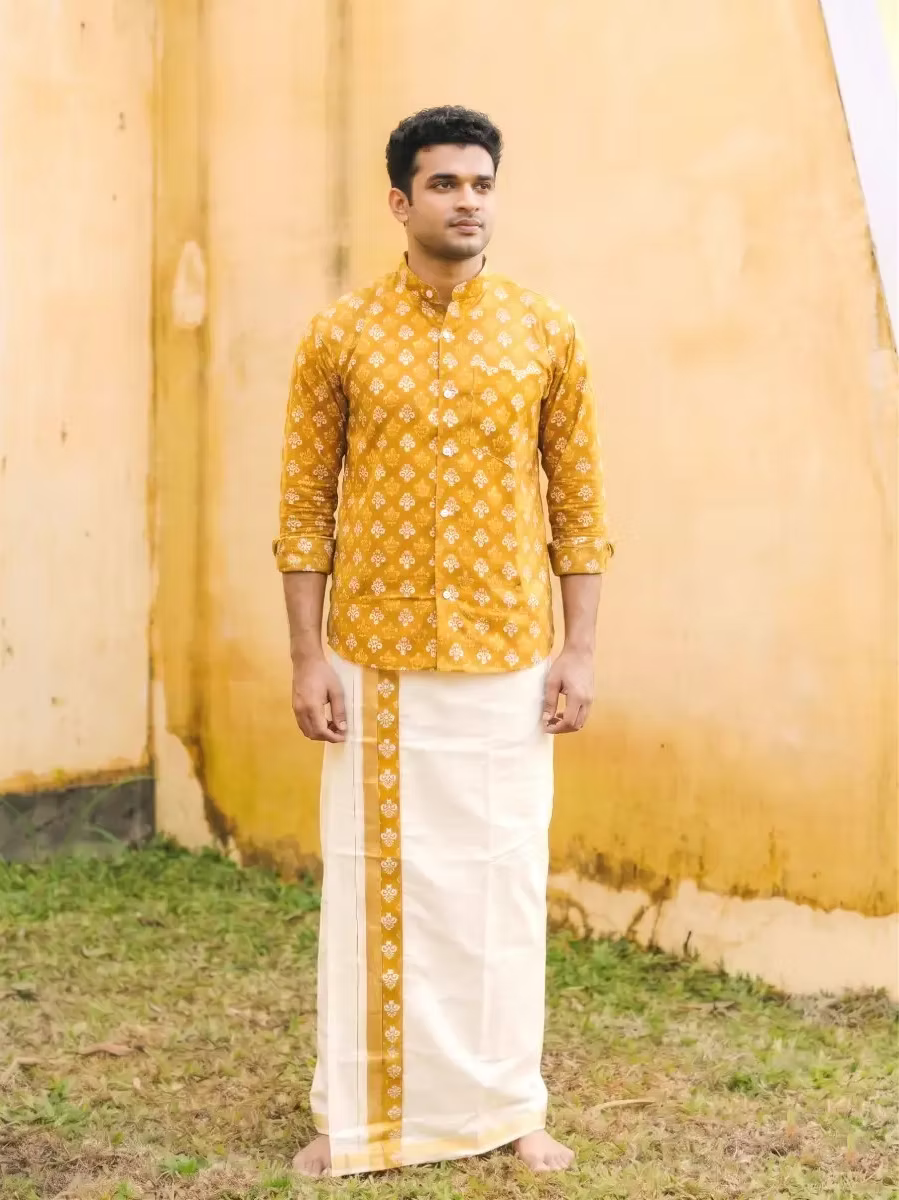 Mustard Yellow Classic Motif Ajrakh Shirt and Kasavu Mundu Dhoti Combo