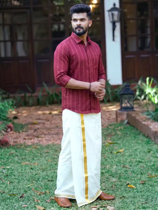 Deep Maroon & Golden Linear Cotton Shirt and Kasavu Mundu Dhoti Combo