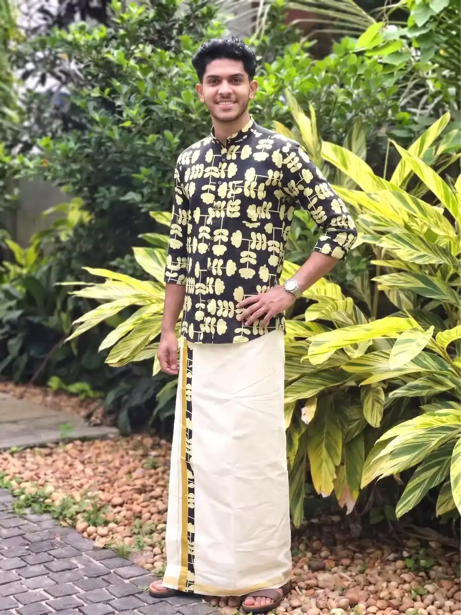 Black & Pastel Yellow Botanical Vine Ajrakh Shirt and Kasavu Mundu Dhoti Combo