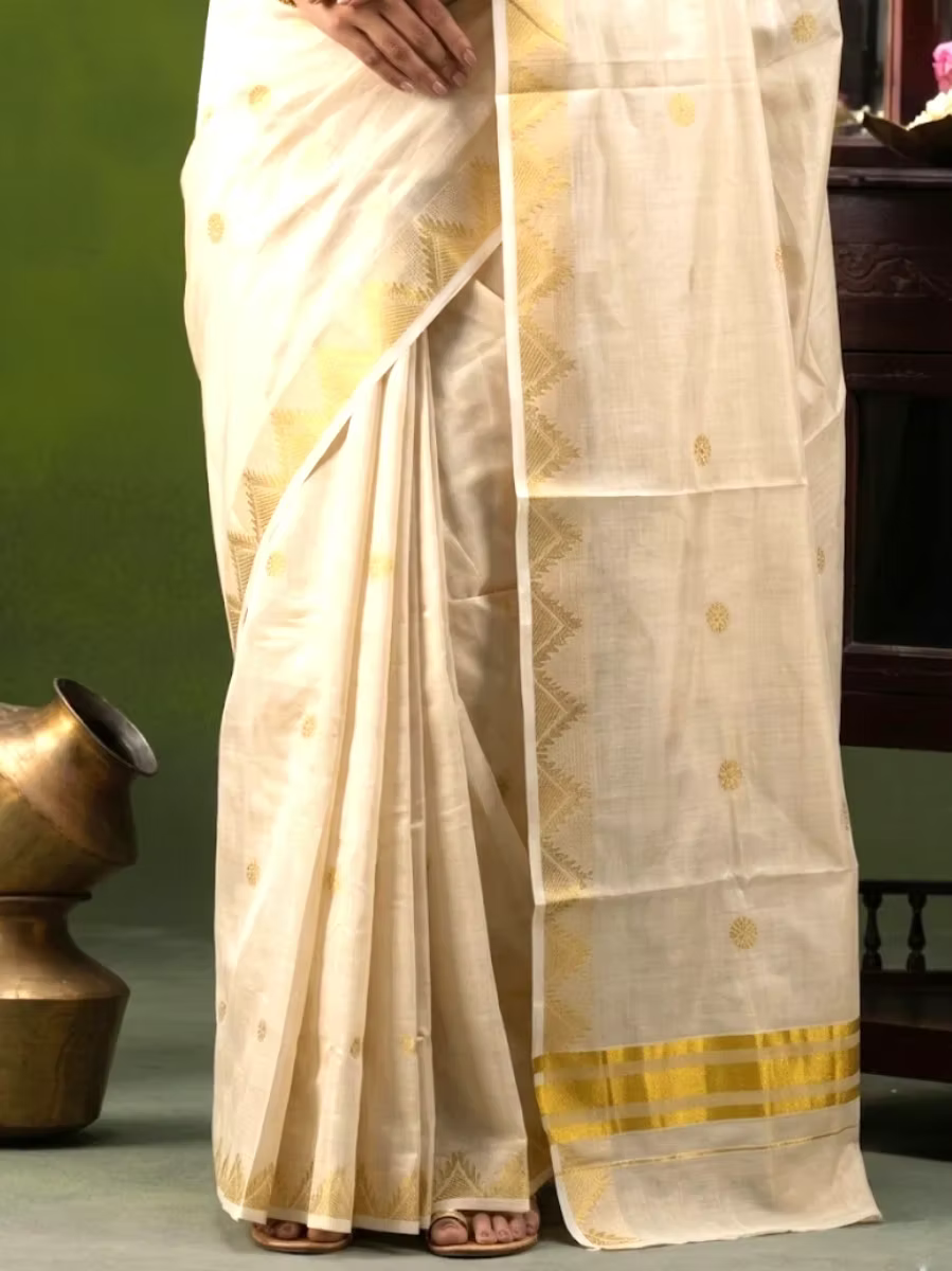 Golden Butta Temple Border Tissue Kasavu Saree with Blouse