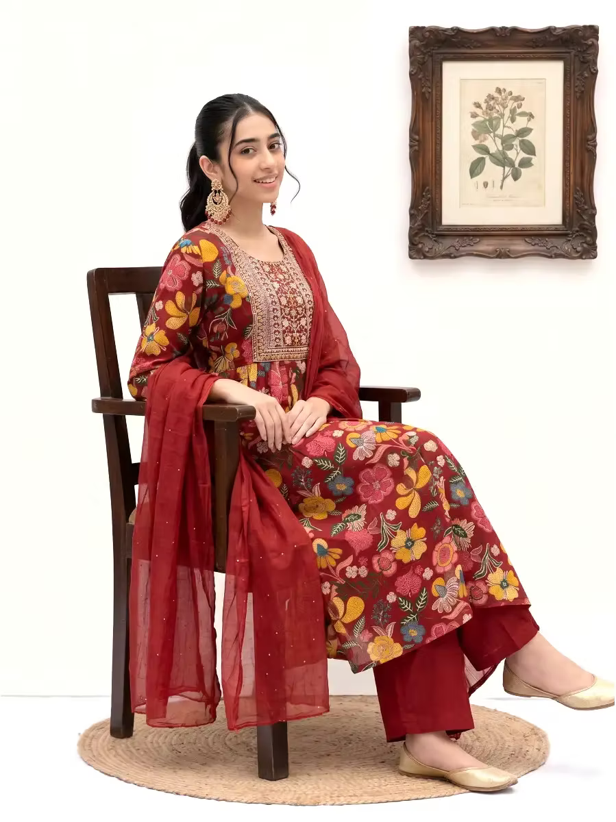 Maroon with Multi-Color Floral Embroidery Yoke Anarkali 3 Piece Kurta Set