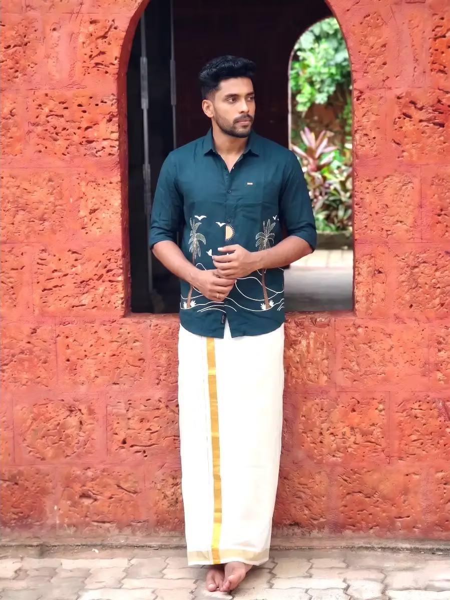 Midnight Teal Oasis Embroidered Shirt and Kasavu Mundu Combo
