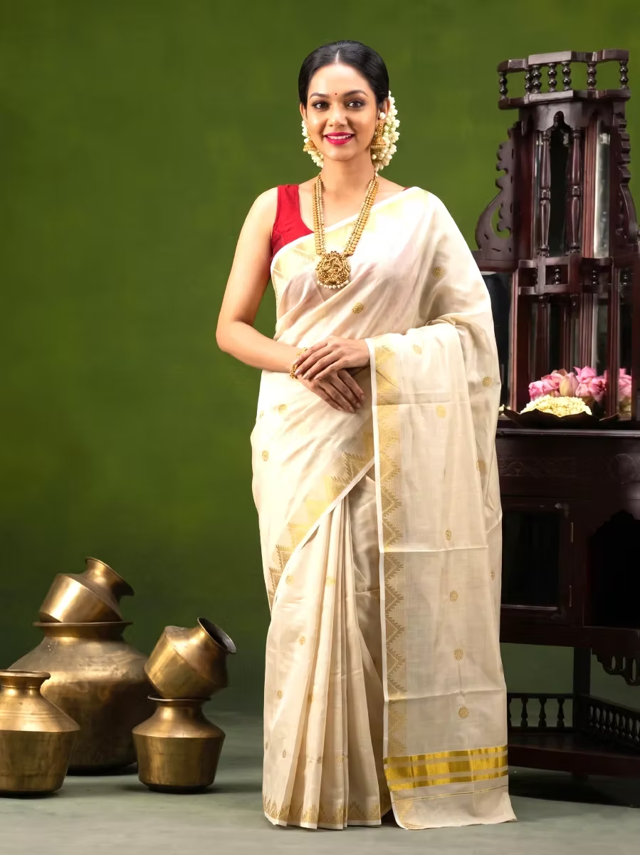 Golden Butta Temple Border Tissue Kasavu Saree with Blouse