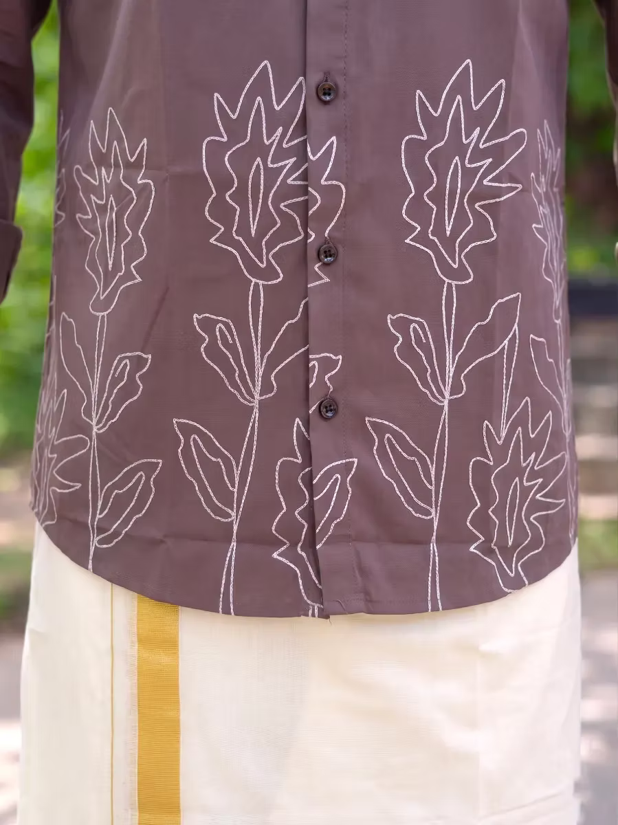 Mauve Brown Grove Outline Cotton Shirt and Kasavu Mundu Dhoti Combo