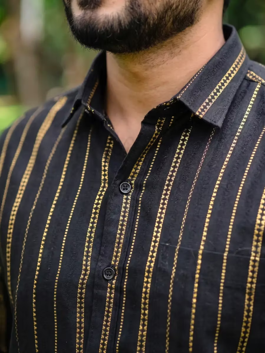 Black & Golden Flecha Cotton Shirt and Kasavu Mundu Dhoti Combo