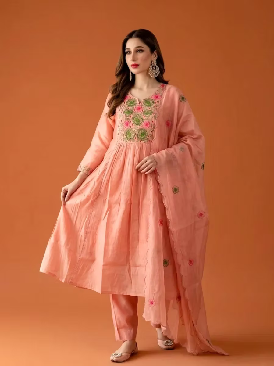 Peach Pink floral Chandheri Kurta Set with Dupatta