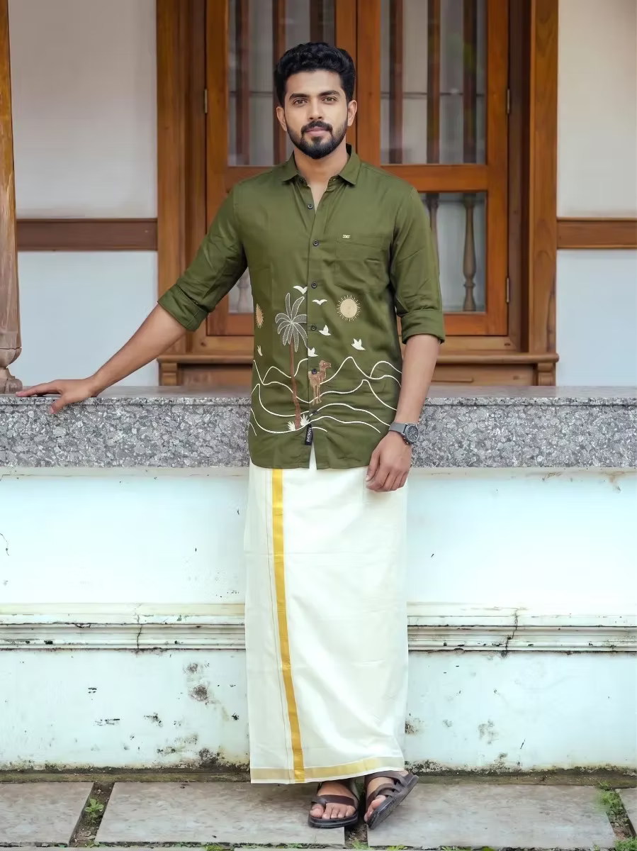 Olive Green Embroidered Scenic Shirt and Kasavu Mundu Dhoti Combo