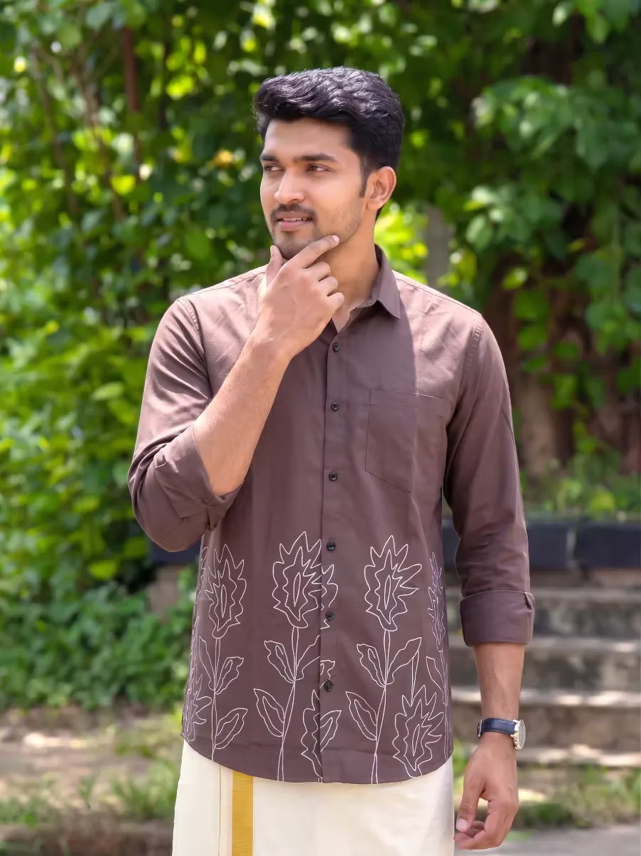 Mauve Brown Grove Outline Cotton Shirt and Kasavu Mundu Dhoti Combo