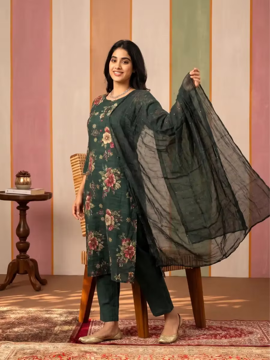 Deep Green Floral Printed Kurta Set with Dupatta