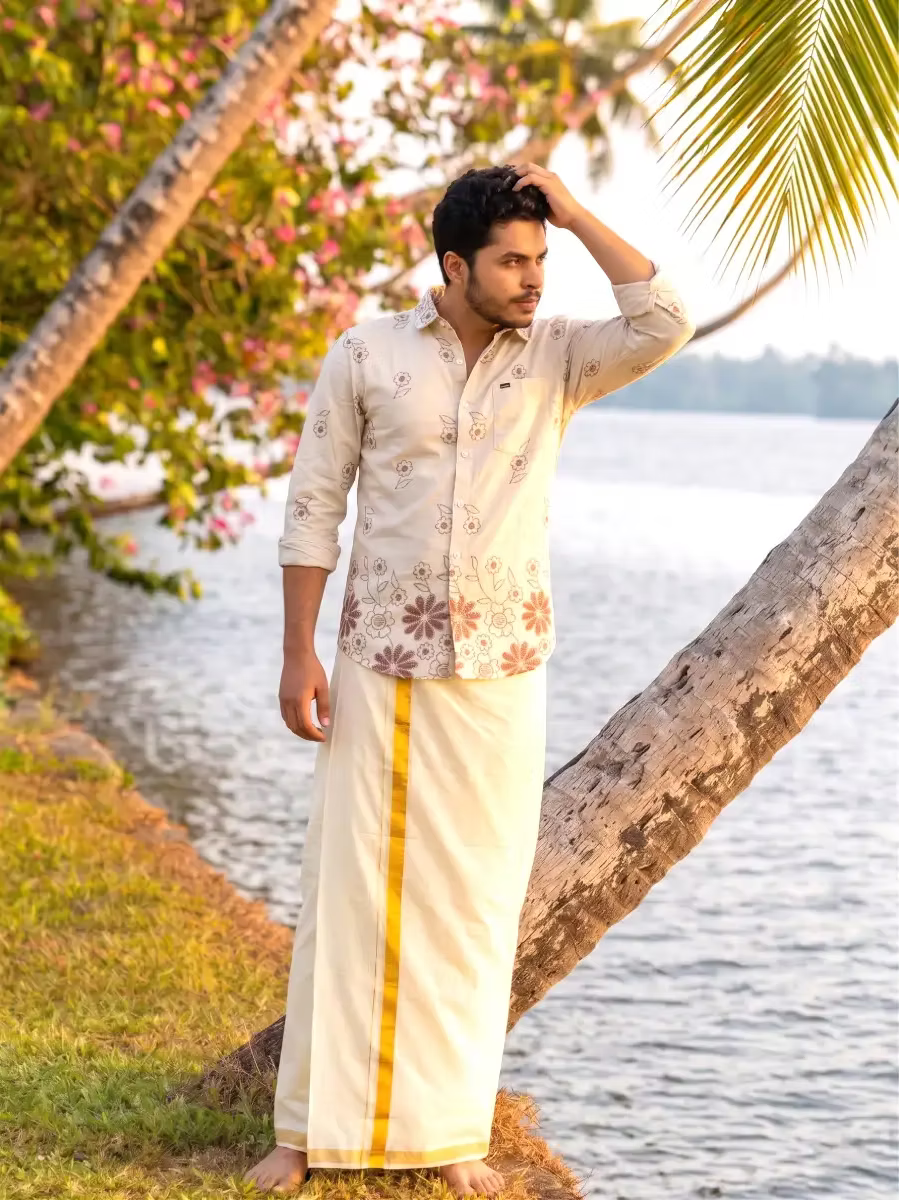 Ivory White Botanical Motif Cotton Shirt & Kasavu Mundu Dhoti Combo