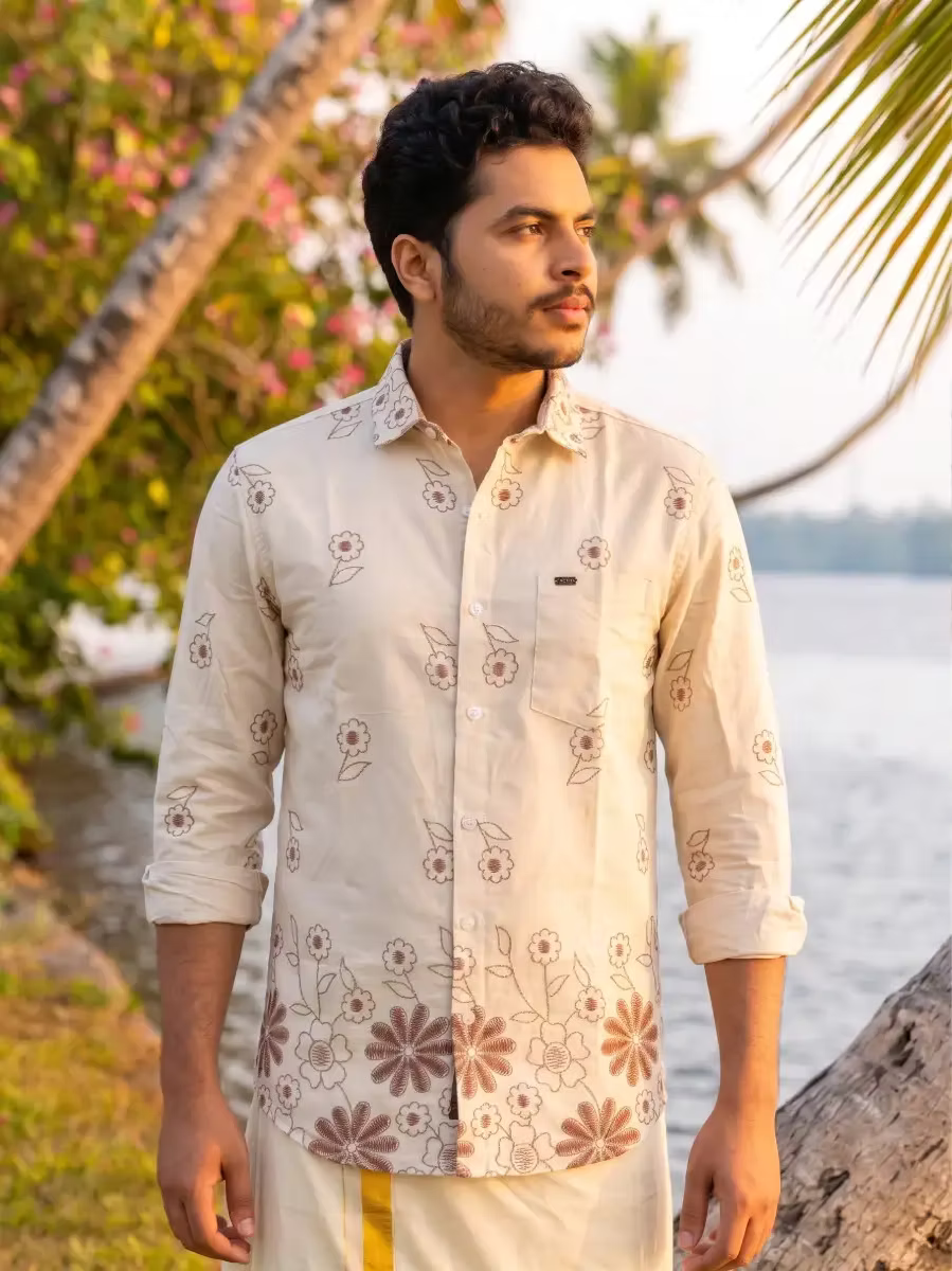 Ivory White Botanical Motif Cotton Shirt & Kasavu Mundu Dhoti Combo