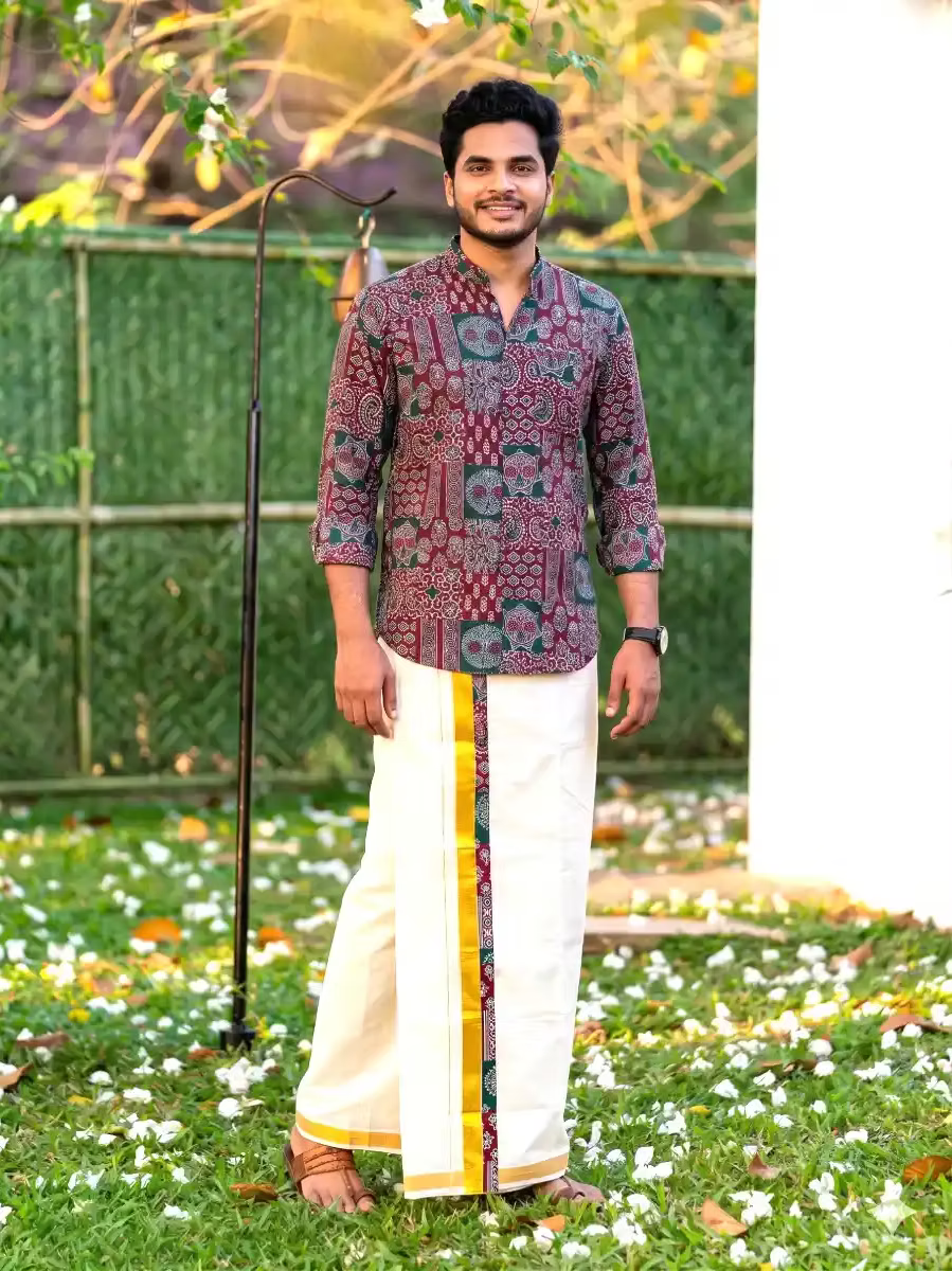 Maroon & Green Ajrakh Shirt and Kasavu Mundu Dhoti Combo Set