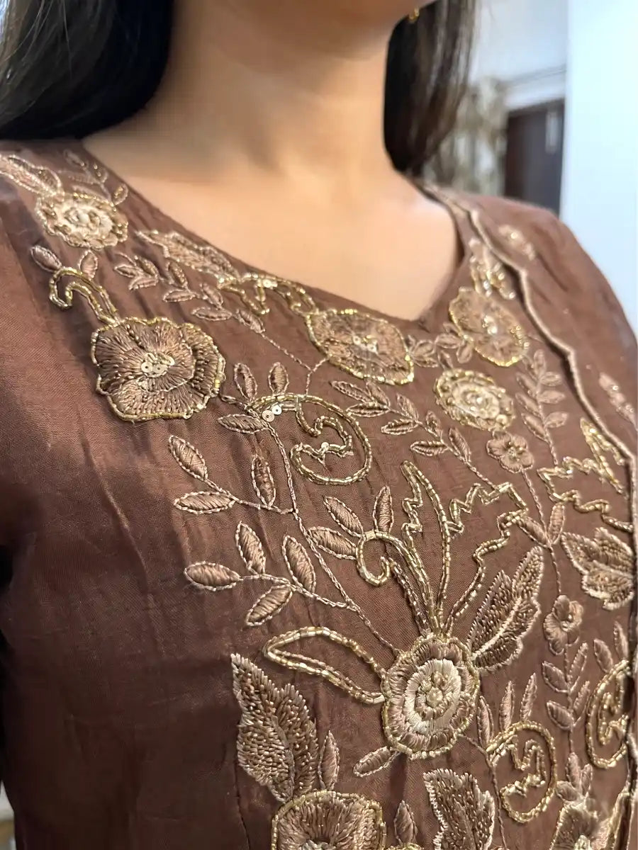 Chic Coffee Brown Cotton Blend Anarkali 3-Piece Kurti Set with Ornate Embroidery