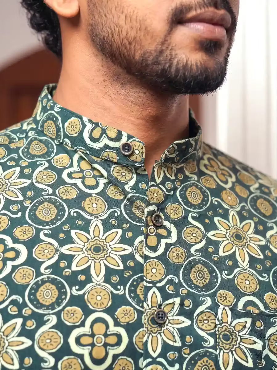 Deep Teal Regal Ajrak Shirt & Kasavu Mundu Dhoti Combo