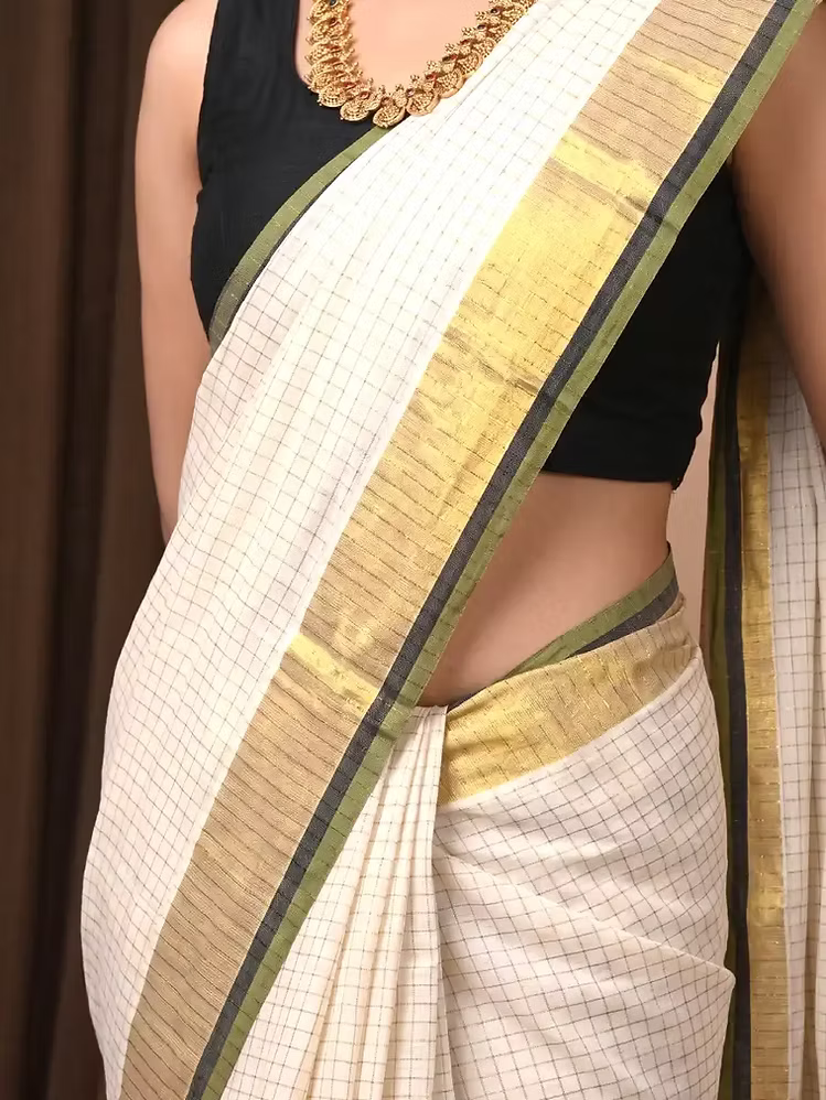 Micro Checks Cotton Kasavu Saree with Black & Pea Green Border