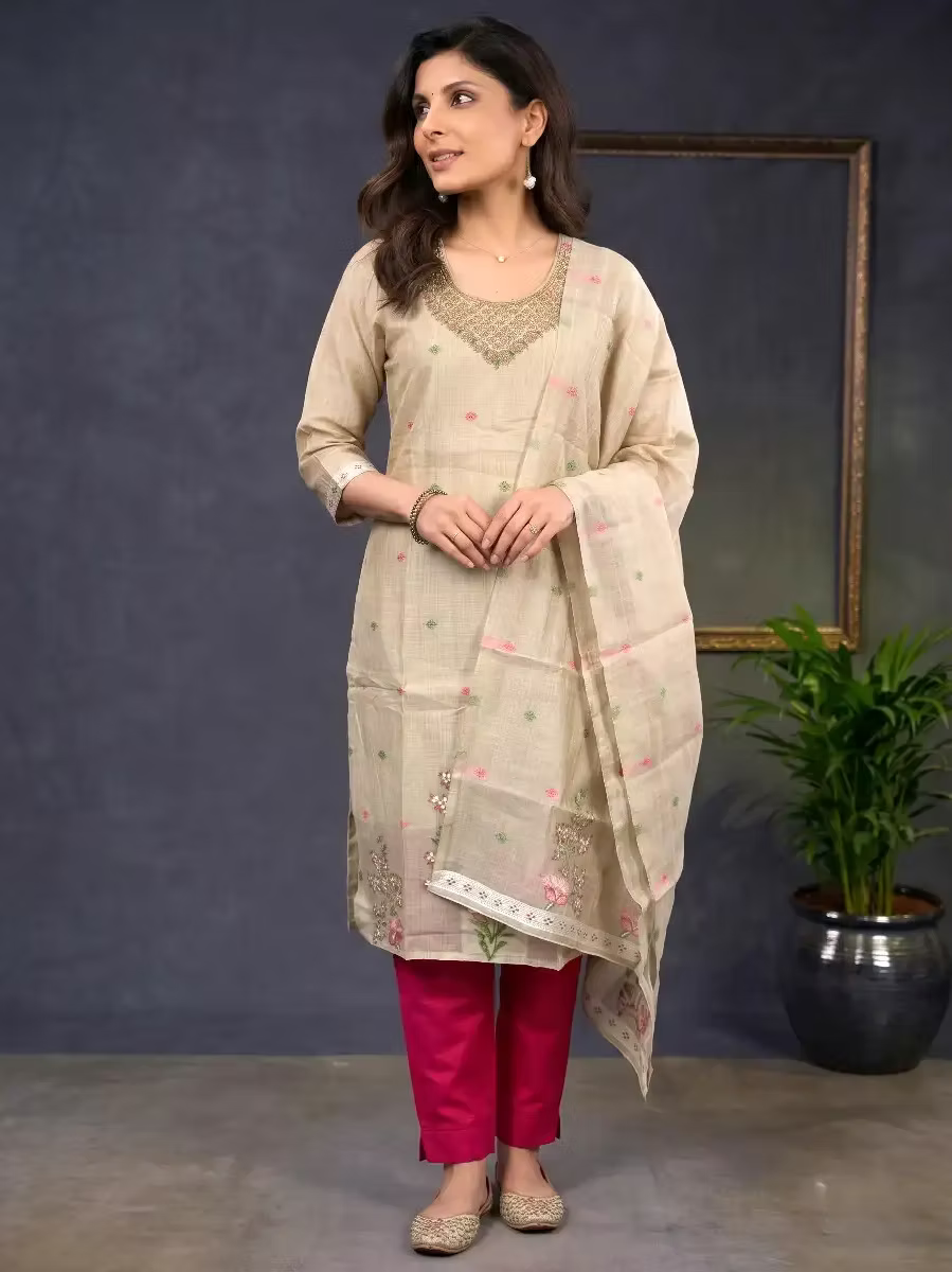 Beige Tussar Silk Salwar Kurta Set Suit with Zardosi Neck Work
