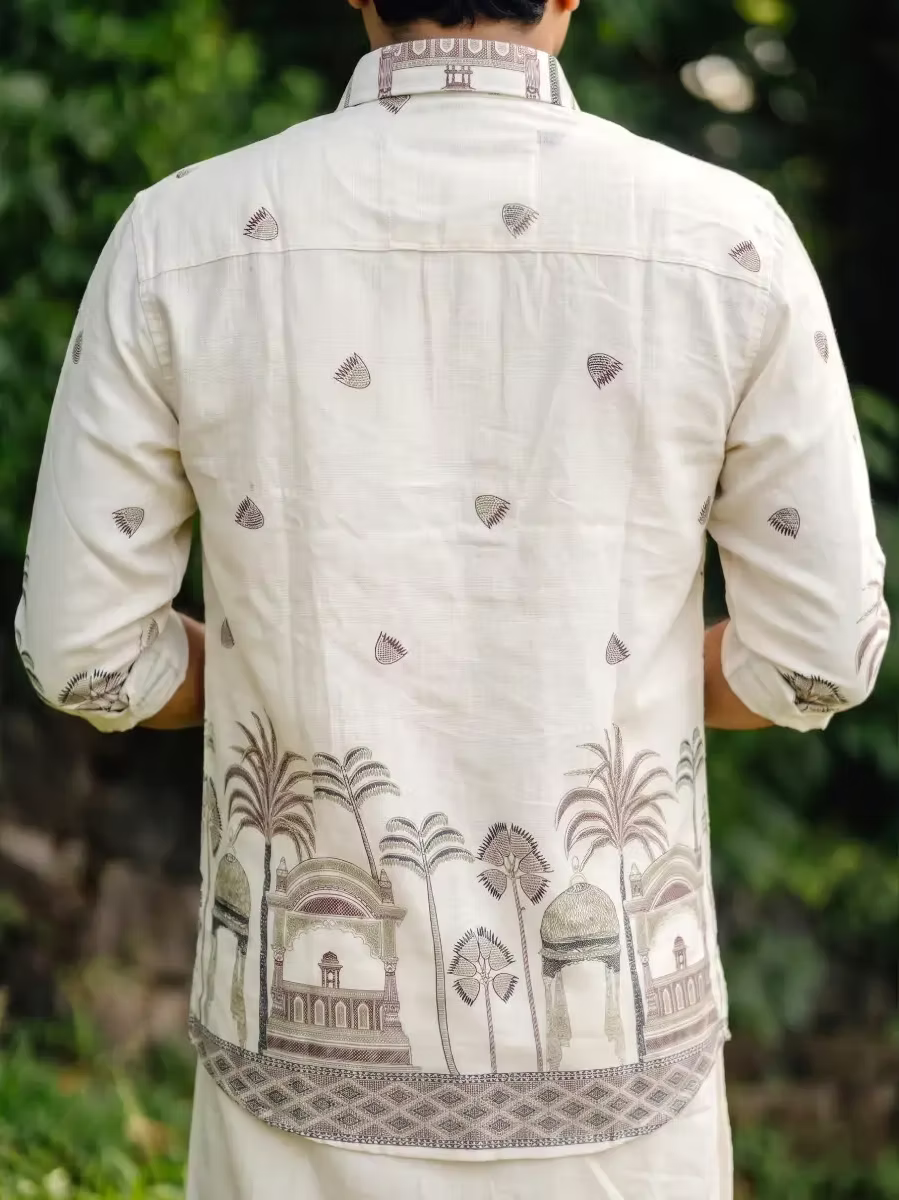 Ivory White Heritage designer Cotton Shirt and Kasavu Mundu Dhoti Combo