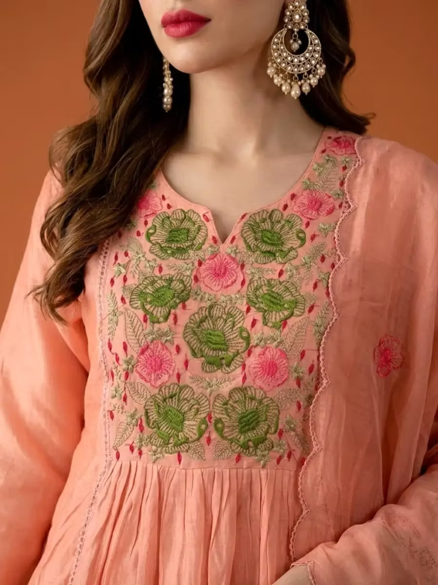 Peach Pink floral Chandheri Kurta Set with Dupatta