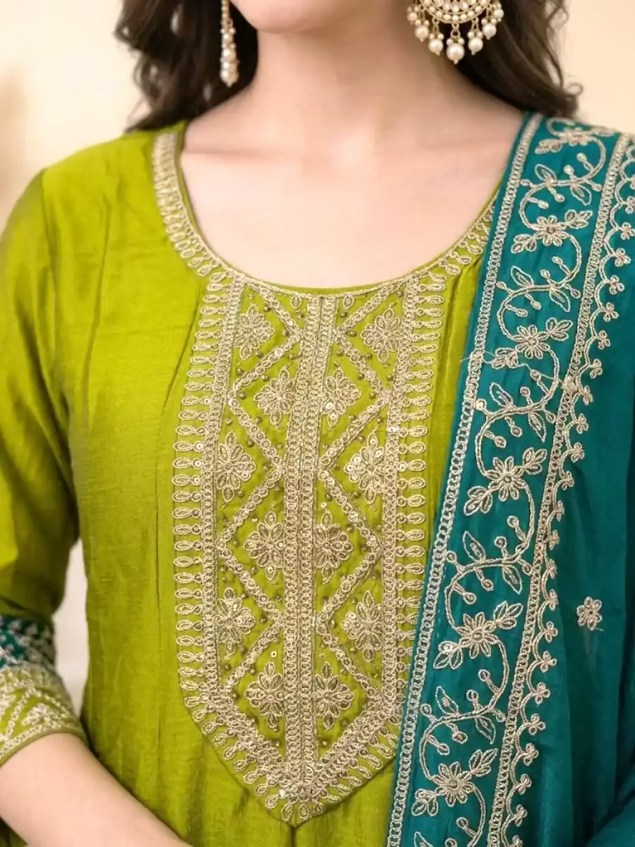 Olive Green Embroidered Anarkali Kurta Set with Teal Blue Dupatta