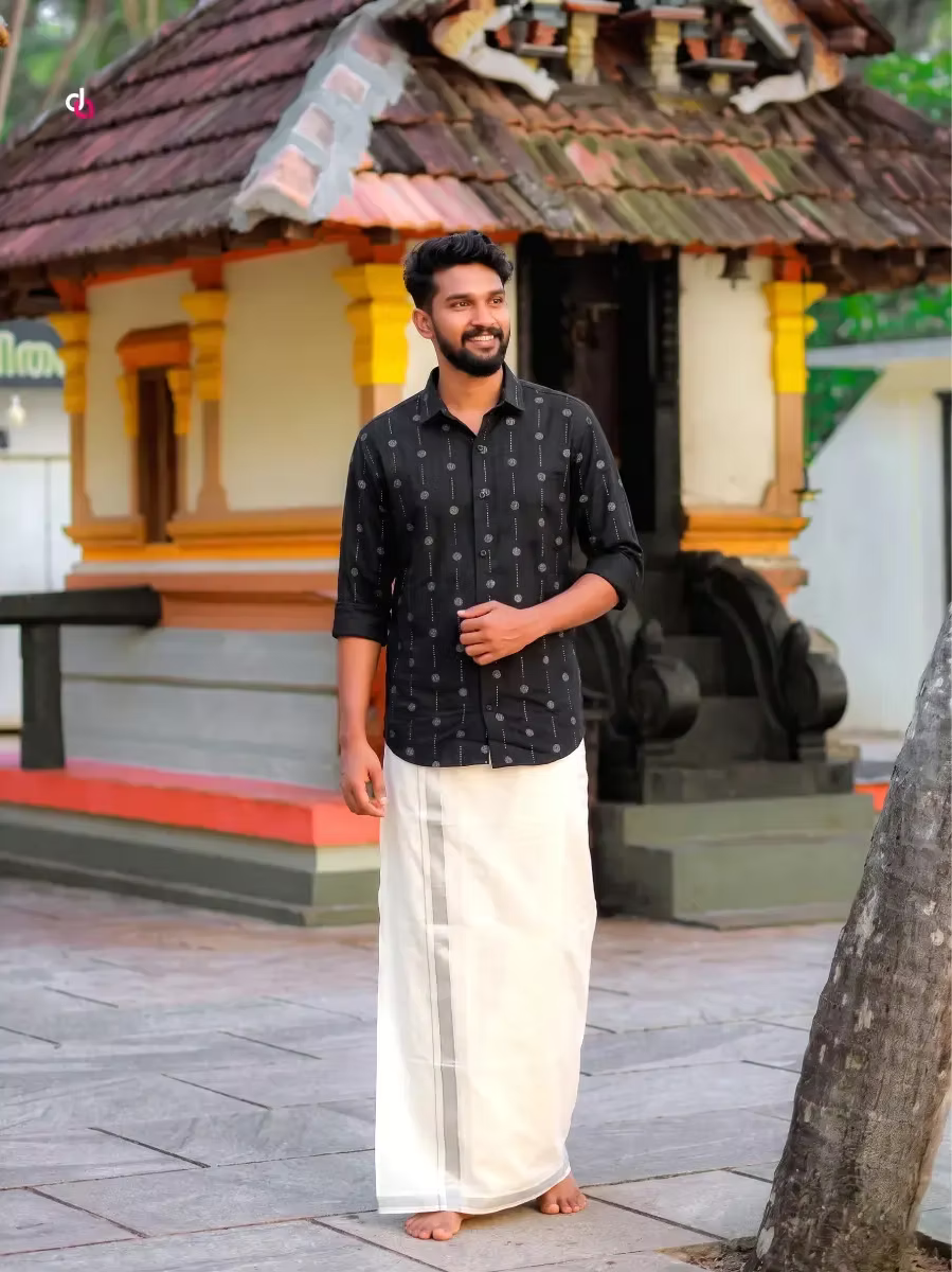 Black Silver Dot Motif Cotton Shirt and Silver Kasavu Mundu Dhoti Combo Set