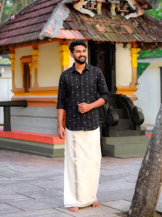 Black Silver Dot Motif Cotton Shirt and Silver Kasavu Mundu Dhoti Combo Set