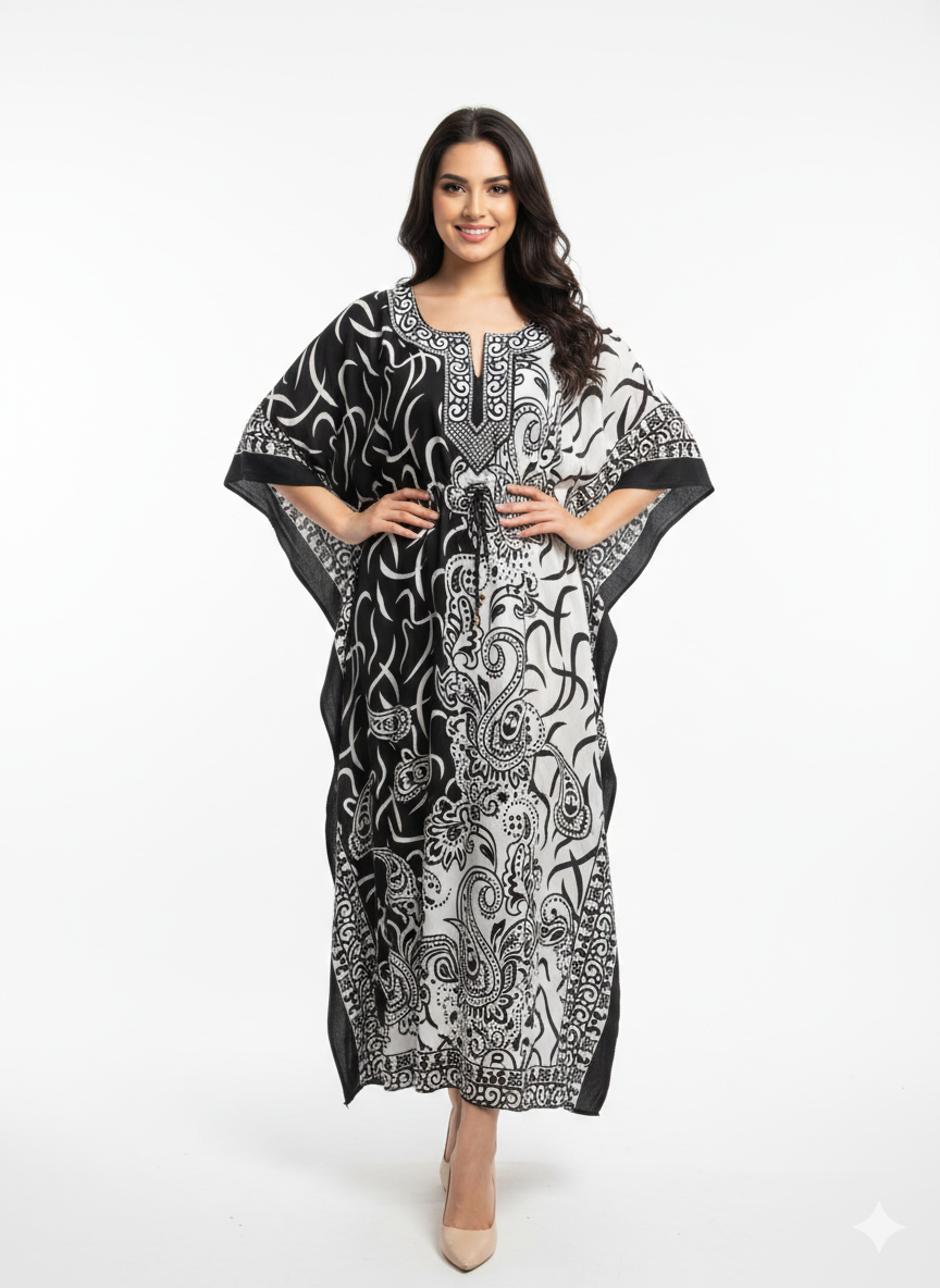 Monochromatic Split Artisanal Drawstring Kaftan | Beach Wrap— GLAMOURA-X
