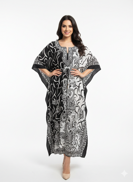 Monochromatic Split Artisanal Drawstring Kaftan | Beach Wrap— GLAMOURA-X