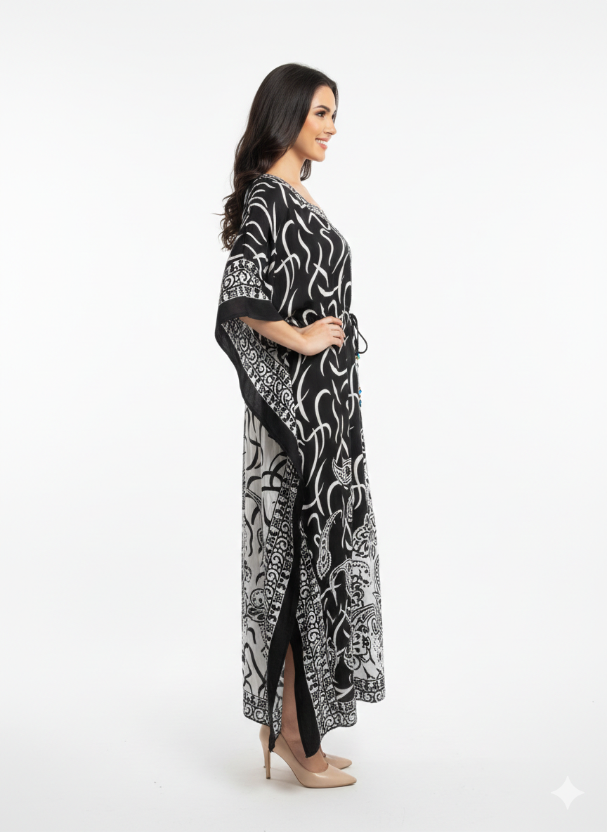 Monochromatic Split Artisanal Drawstring Kaftan | Beach Wrap— GLAMOURA-X