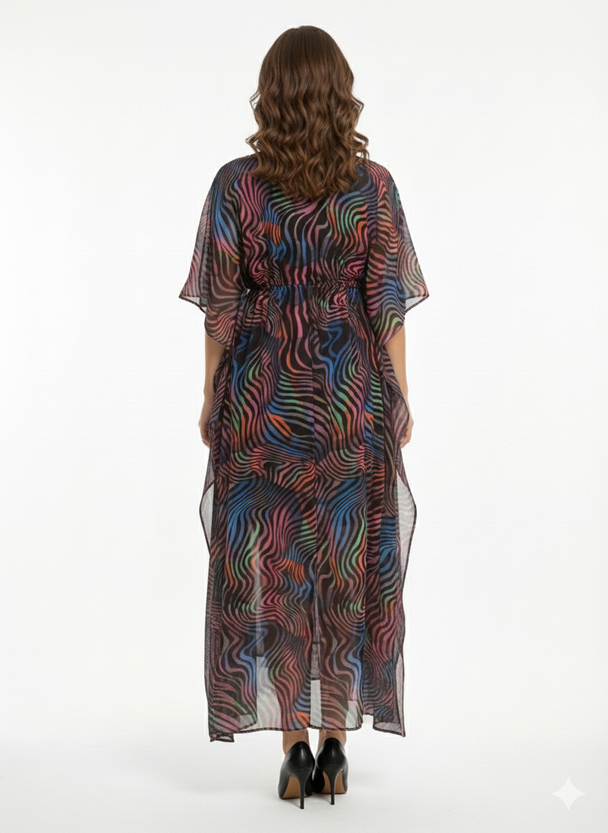 Neon Nebula Multicolor Swirl Drawstring Kaftan | Beach Cover — GLAMOURA-X