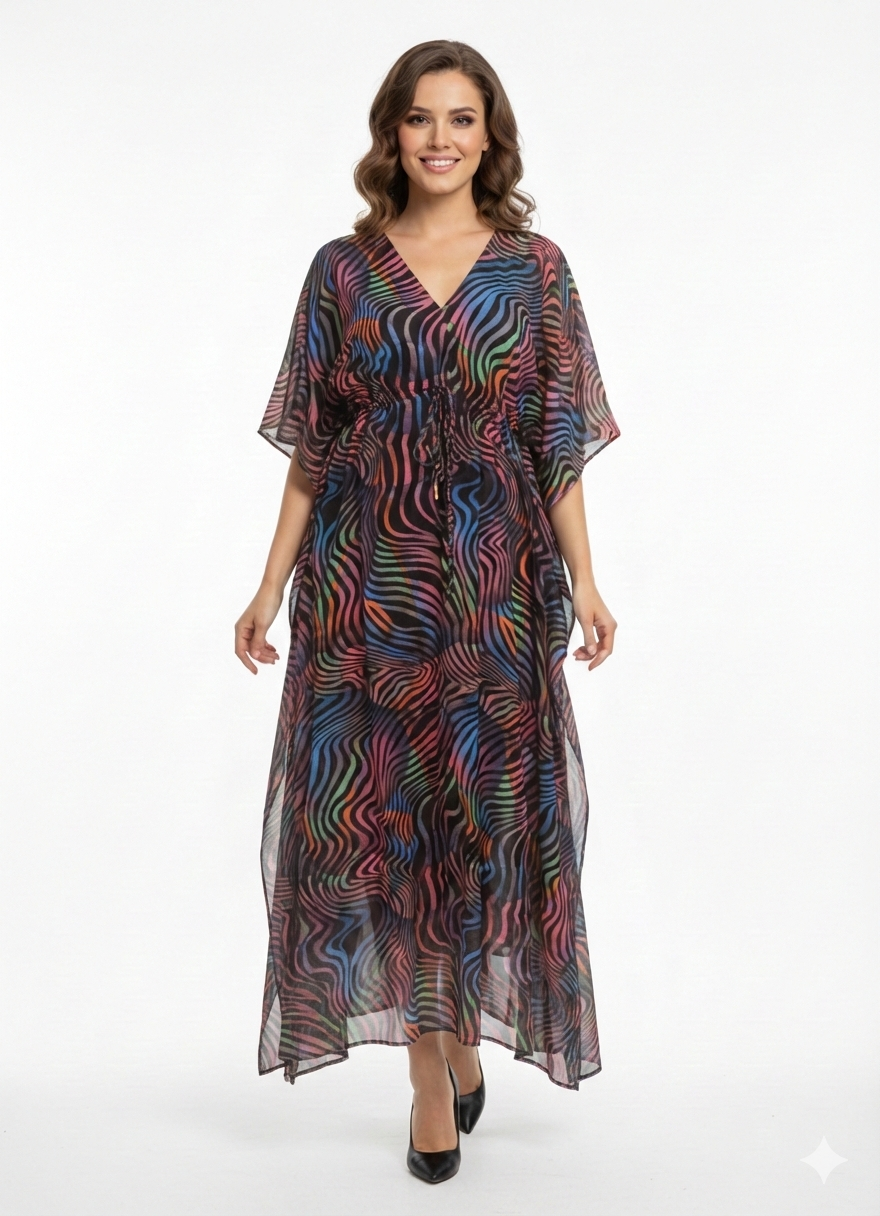 Neon Nebula Multicolor Swirl Drawstring Kaftan | Beach Cover — GLAMOURA-X