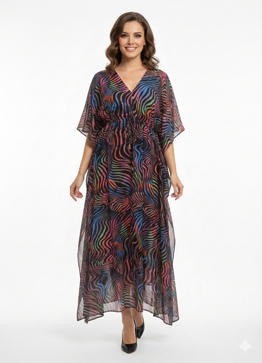 Neon Nebula Multicolor Swirl Drawstring Kaftan | Beach Cover — GLAMOURA-X