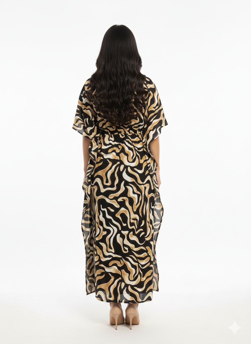 Golden Zebra Swirl Abstract Drawstring Kaftan | Beach Cover — GLAMOURA-X